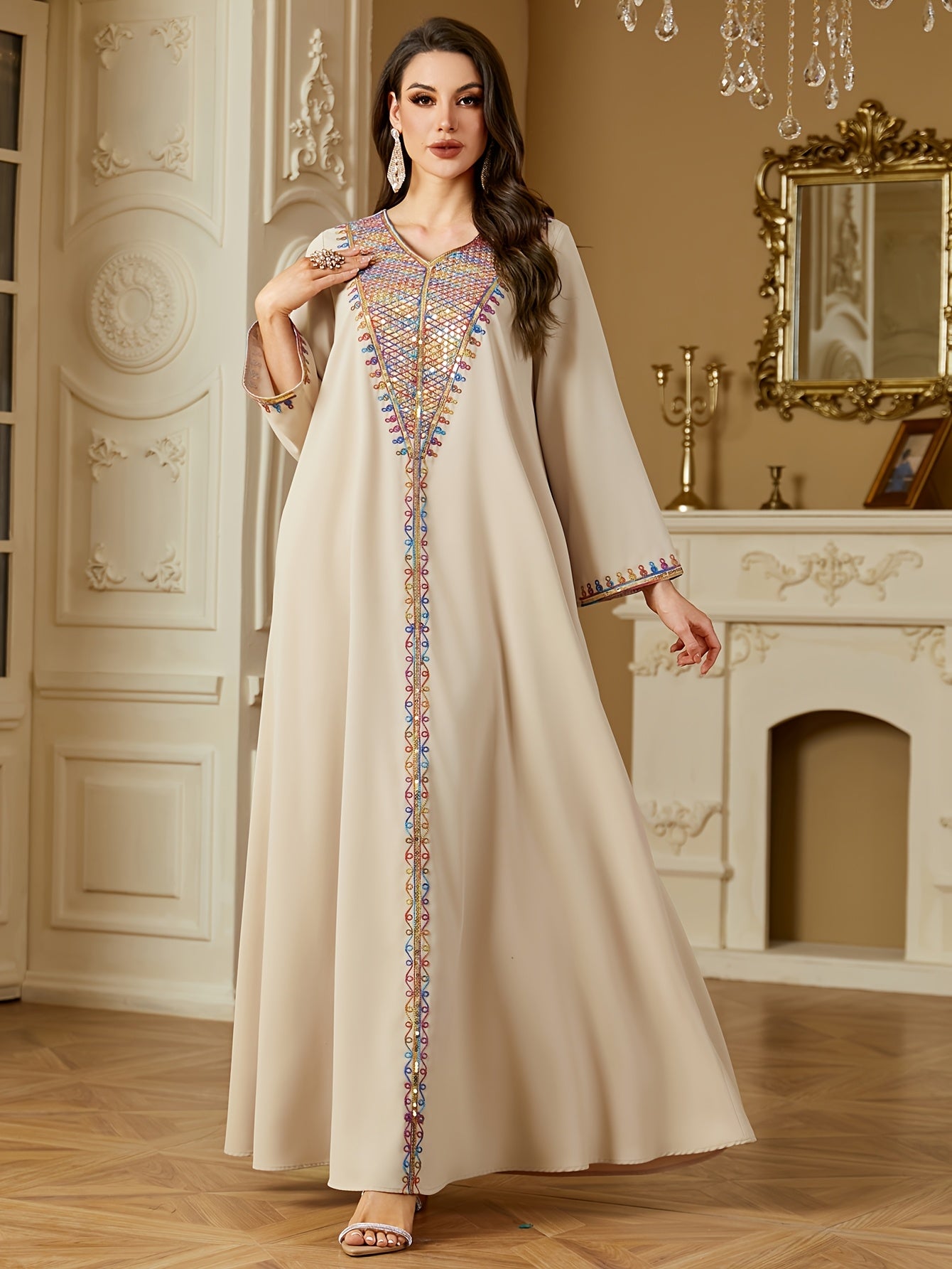 Elegant V-Neck Long Sleeve Kaftan Abaya with Sequin Detail - Polyester, Non-Stretch, Regular Fit for All Seasons
