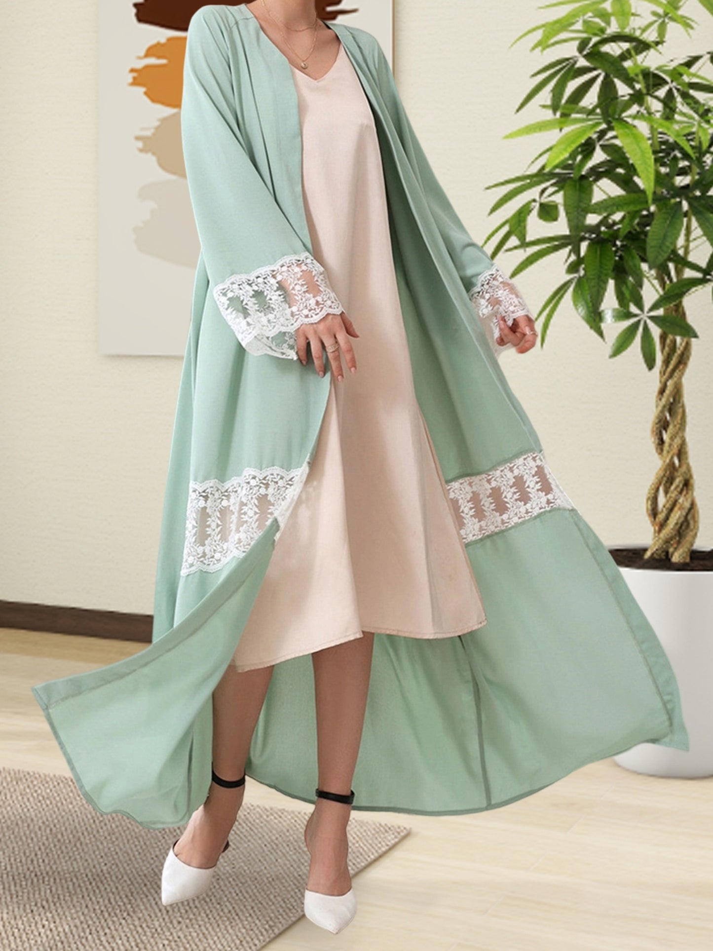 Women Open Palestinian Abaya Elegant Lace Patchwork V-Neck Long Sleeves Islamic Prayer Dresses Robe with Belt Casual Arabic Dresses