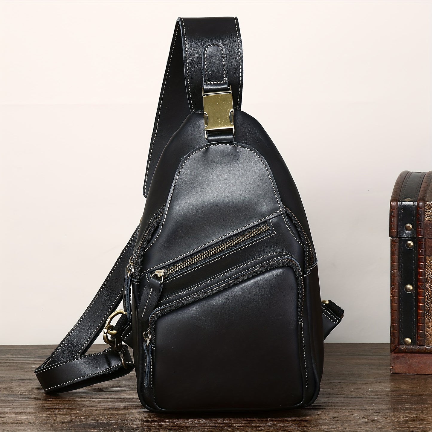 Full Grain Cowhide Leather Vintage Sling Chest Shoulder Bag Retro Hiking Crossbody Casual Daypack - Durable & Stylish - For Men & Women