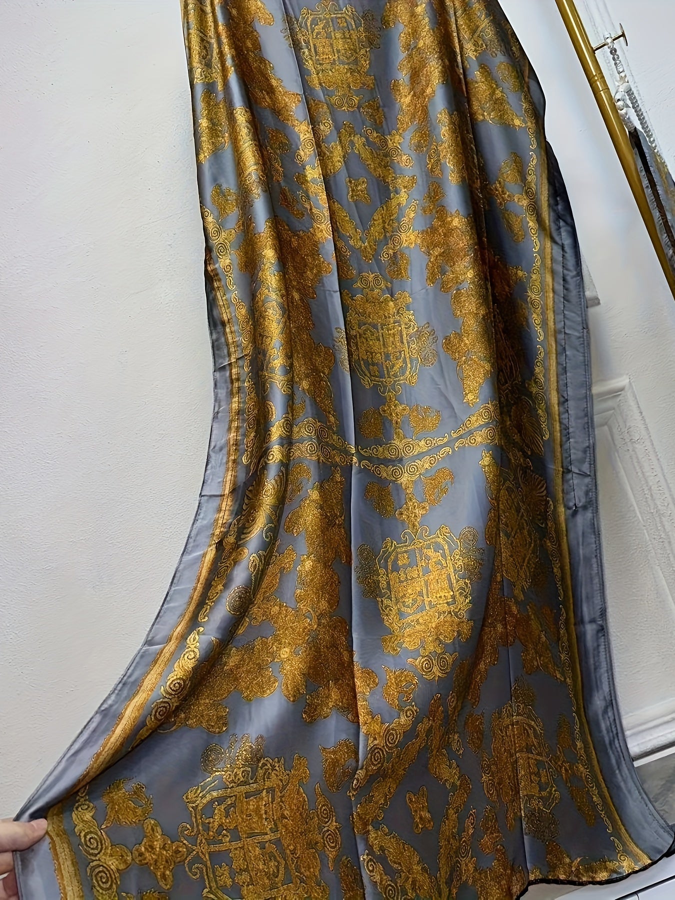 Lightweight Polyester Women's Kaftan Abaya Dress | Golden Floral Print Batwing Sleeve Loose Fit Maxi Dress, Middle Eastern-Inspired Spring Summer Fall Casual to Formal Wear with Scarf