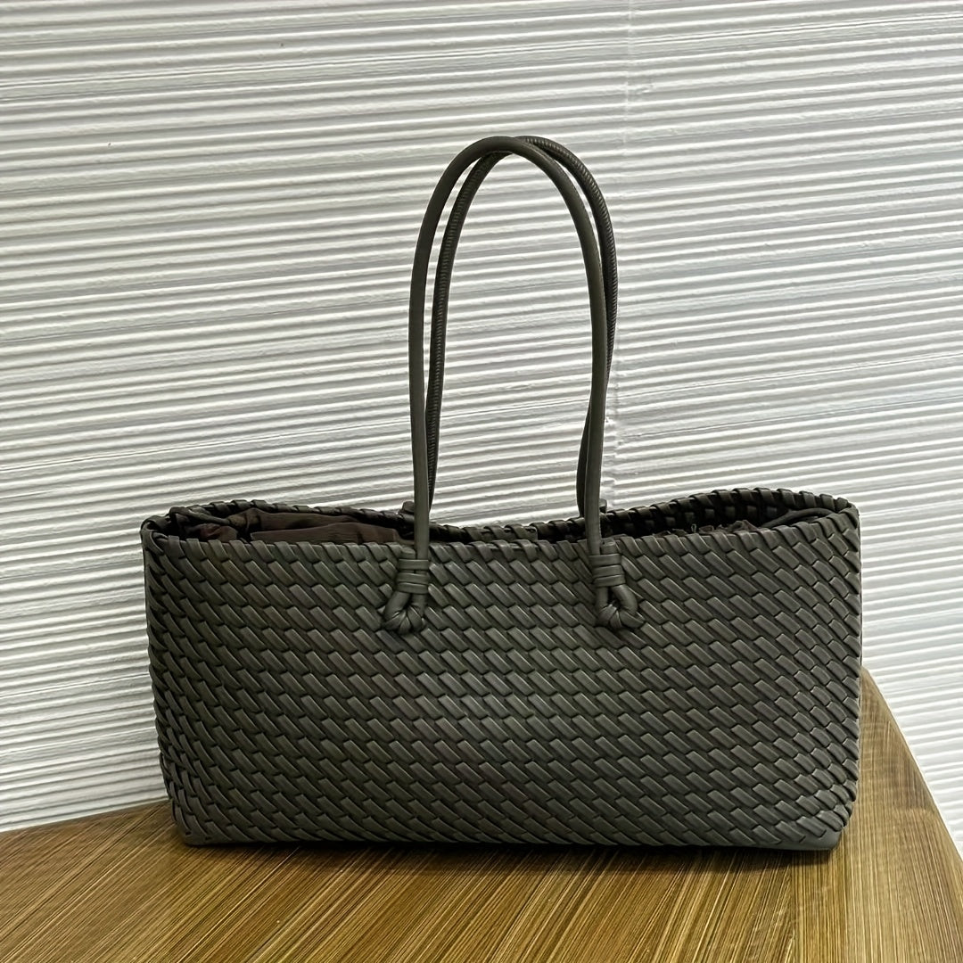 Women's Dual-Sided Woven Large-Capacity Tote Bag - Vegetable Basket Design Handbag with Top Handles & Detachable Shoulder Strap