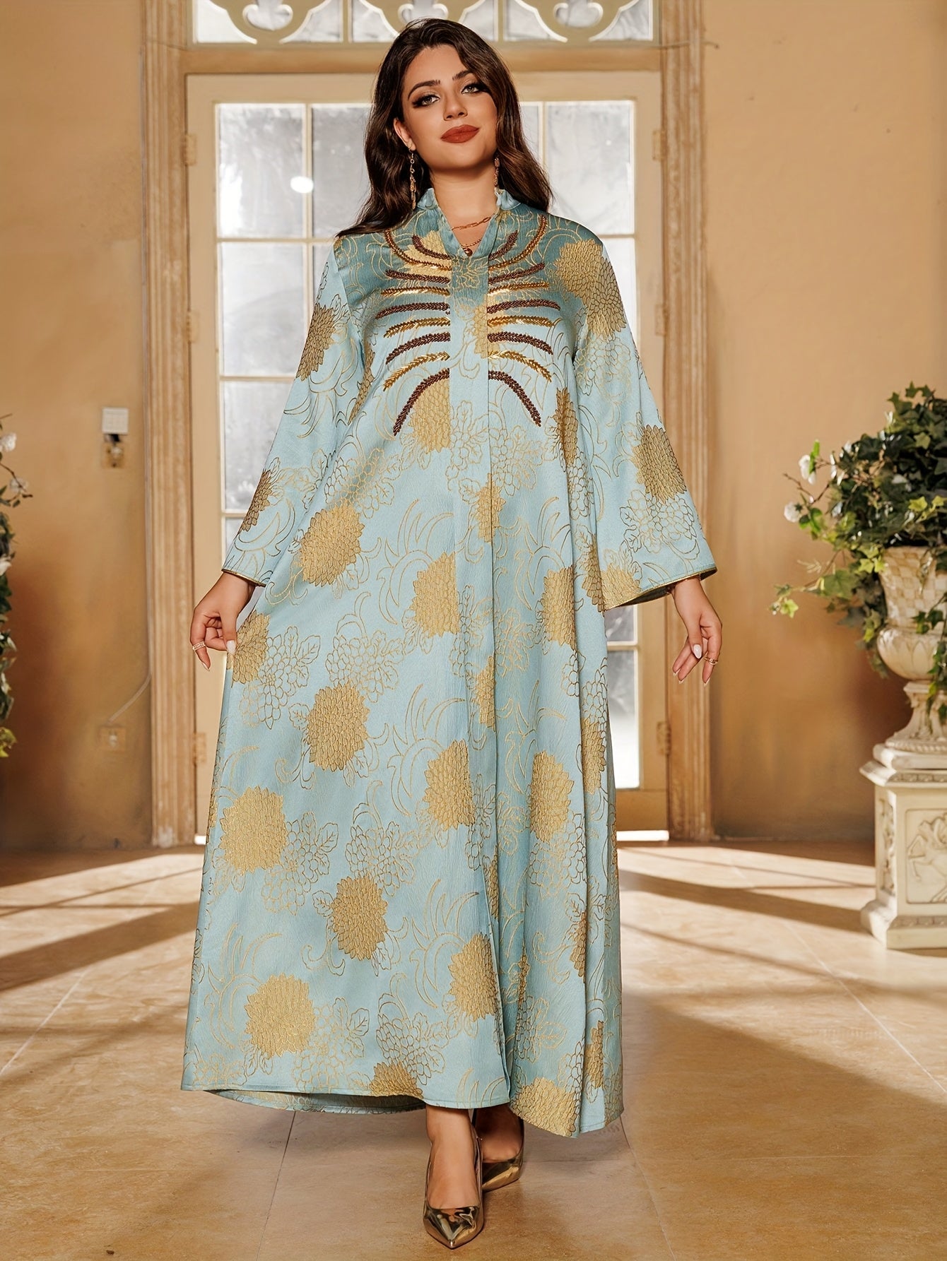 Elegant Solid Color Polyester Long Modern Abaya, 2025 Eid with Rhinestone Embroidery for Muslim Traditional Festival Party