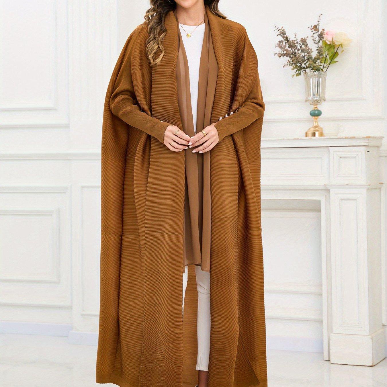 Women's Arabic Abaya with Scarf - Deep Brown Three-Way Pleated Design, Loose Fit, Long Sleeves, Belted Waist, Polyester Blend, Perfect for Muslim Prayer & Casual Wear, Muslim Clothing