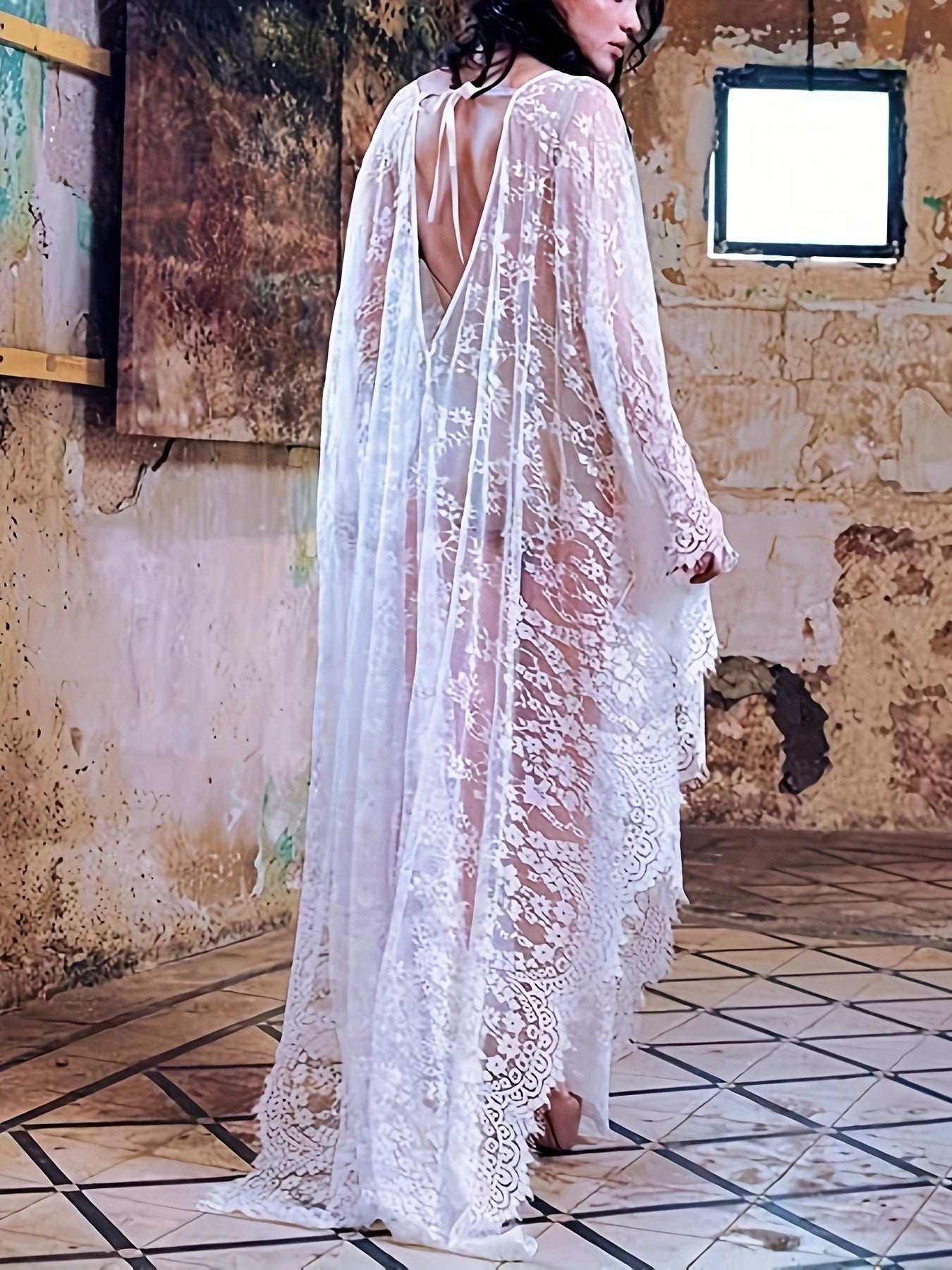 Women Halloween Costumes Plus Size Lace Swimwear Bikini Cover Up Long Kaftan Dress White