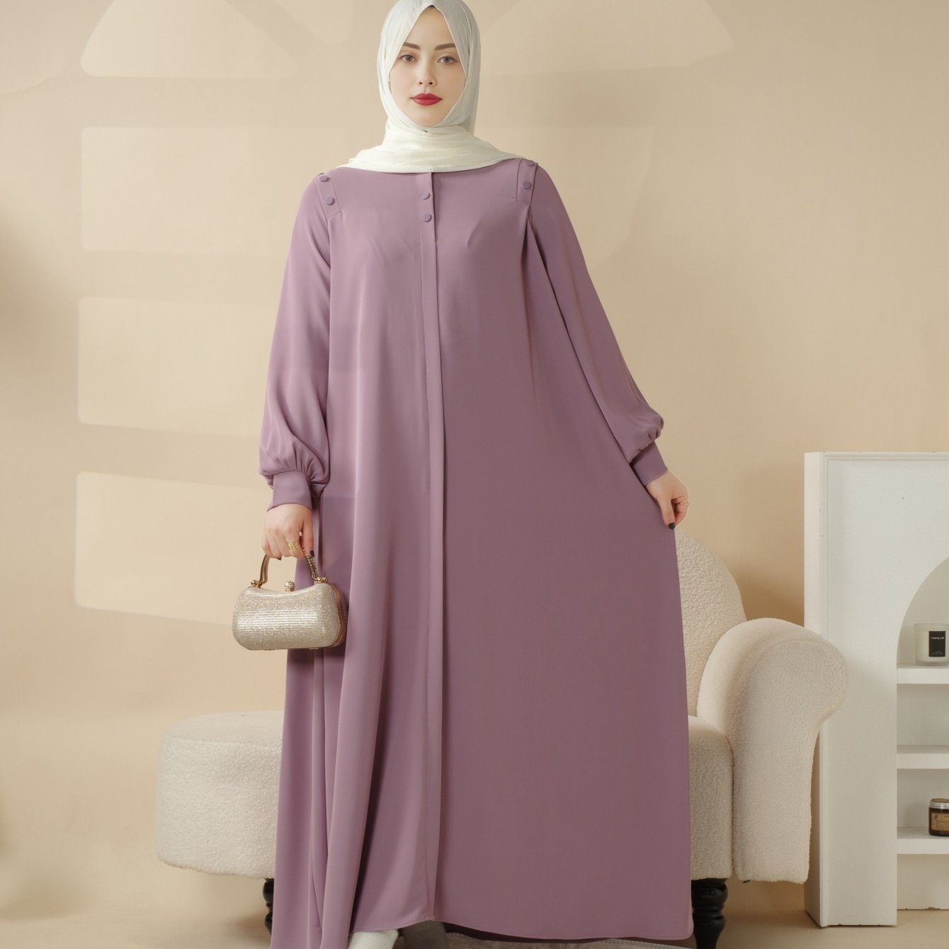 Elegant Macaron Color Shoulder Button Pullover Abaya Dress for Women - Long Sleeve, Solid Color, Non-Stretch Fabric, Regular Fit, Perfect for Ramadan, Prayer, and Muslim Style, Muslim Dress | Elegant Abaya | Nonstretch Fabric, Abay