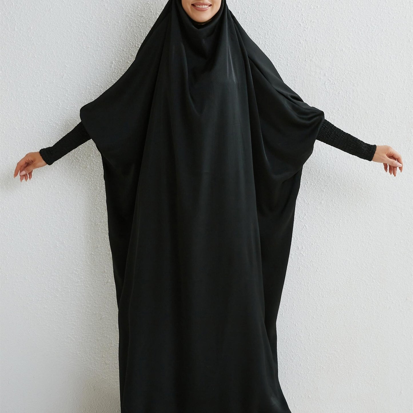 Women's Modest Jibab Abaya Dress with Hijab - Batwing Sleeves & Smocking Detail, Full-Length Prayer Robe, Islamic Clothing, Machine Washable Solid Color for Ramadan & Daily Wear, Allseason Robe, Hshaped Silhouette, Nontransparent F