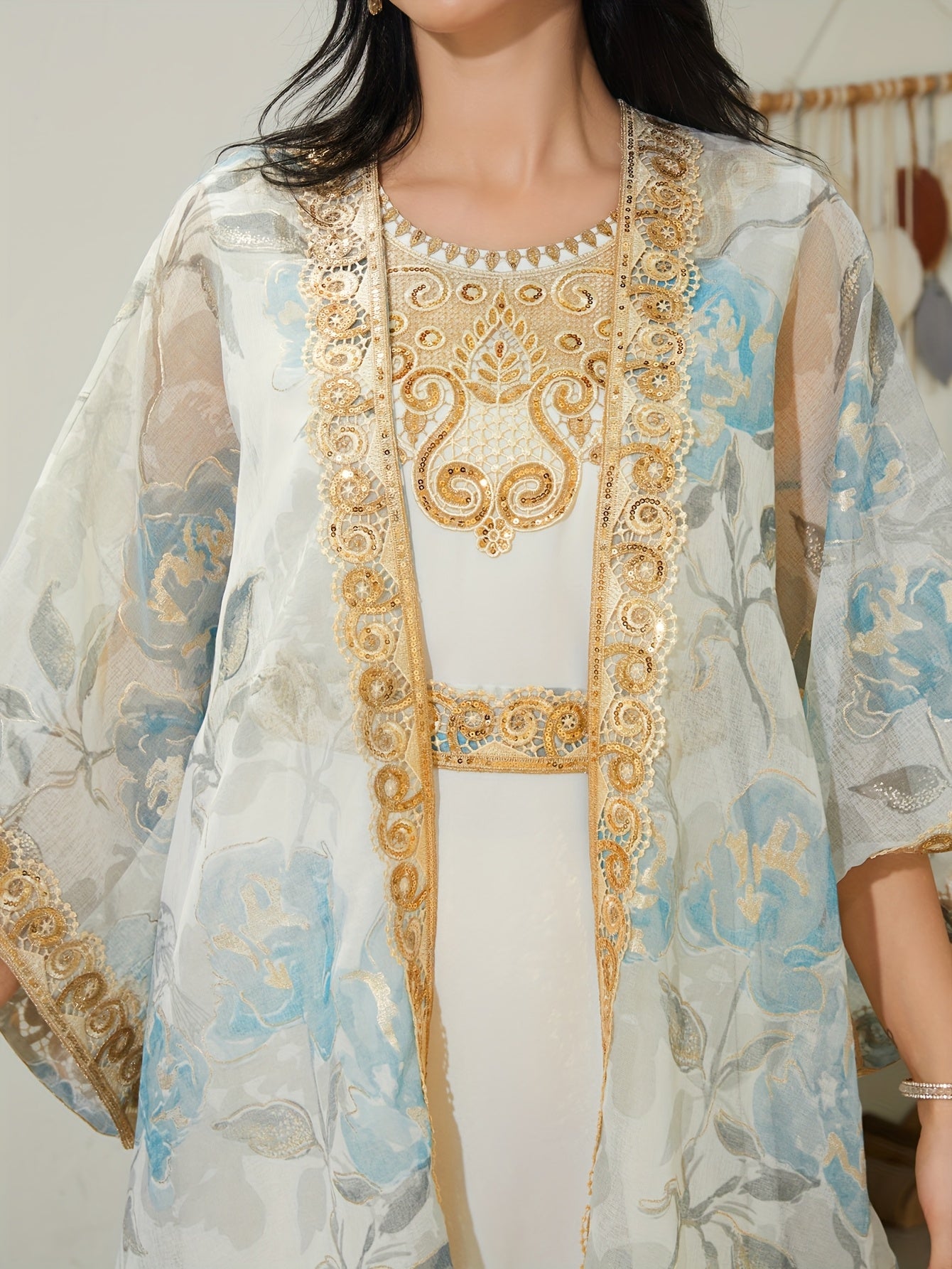 Oriental Traditional Style Sequined Lace Two-Piece Mesh Emirati Abaya Dress for Women - Long Robe with Veil