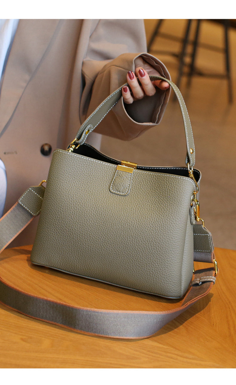 2025 New Model, High-End Grey Leather Women'S Handbag, Cowhide Large Capacity Bucket Bag, Versatile Commuting Shoulder Crossbody Bag, Lightweight And Fashionable Daily Bag