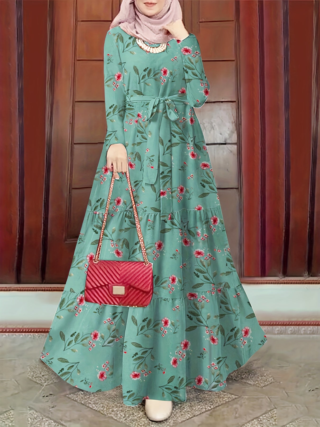 New Women's Elegant Middle Eastern Kaftan Abaya - Black Floral Print with Red Flowers, Long Sleeve Lace-Up Modest Dress, Machine Washable for Spring Summer Fall, Abaya Dress Fancy