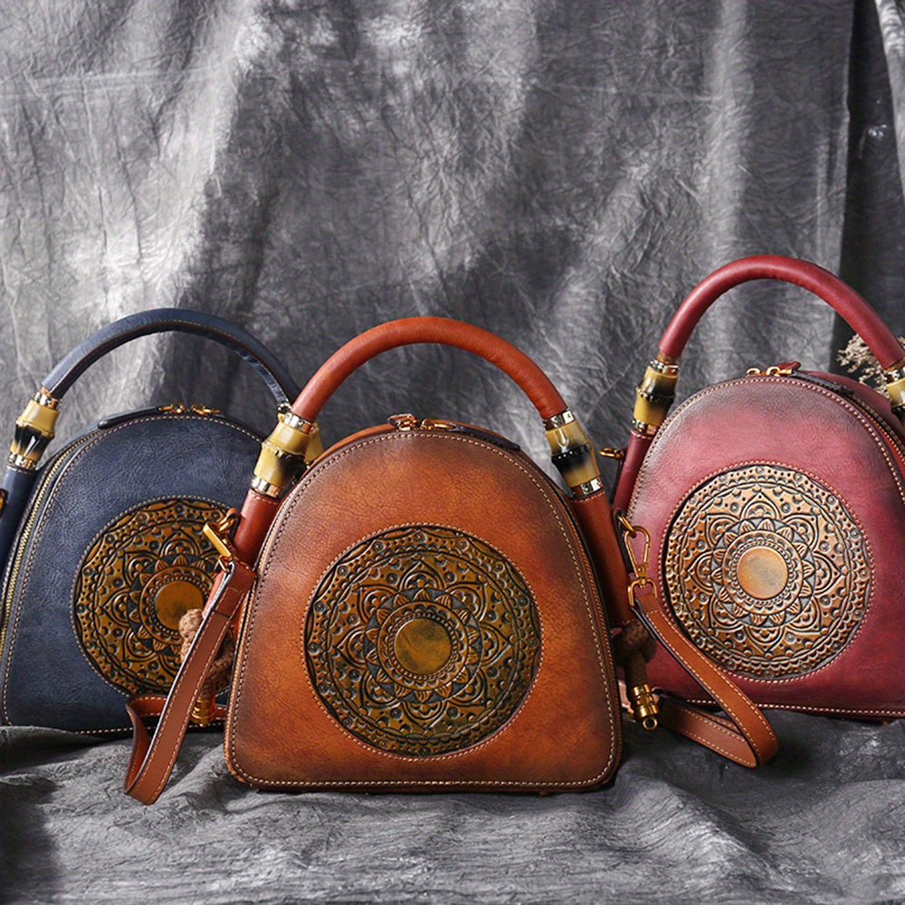 Genuine Leather Women's Crossbody Bag - Retro Chinese-Style Embossed Design, Adjustable Shoulder Strap, Zipper Closure, Top-Grain Cowhide Shell