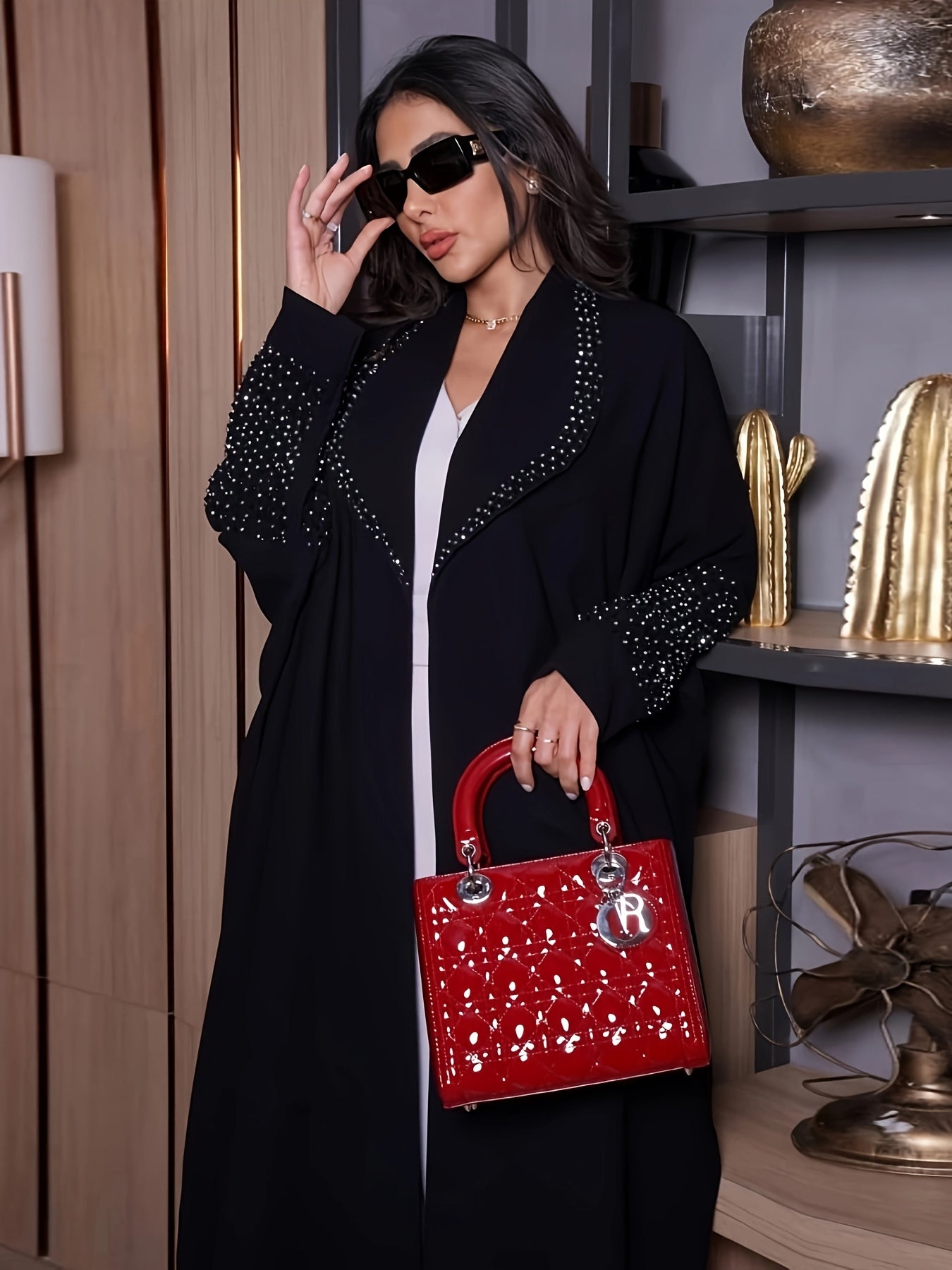 Elegant Black Rhinestone-Embellished Emirati Abaya Kaftan - A-Line Modest Cover-Up with Stand-Up Collar, All-Season Versatile Traditional Muslim Dress for Women, Muslim Clothes, Seasonal Wear