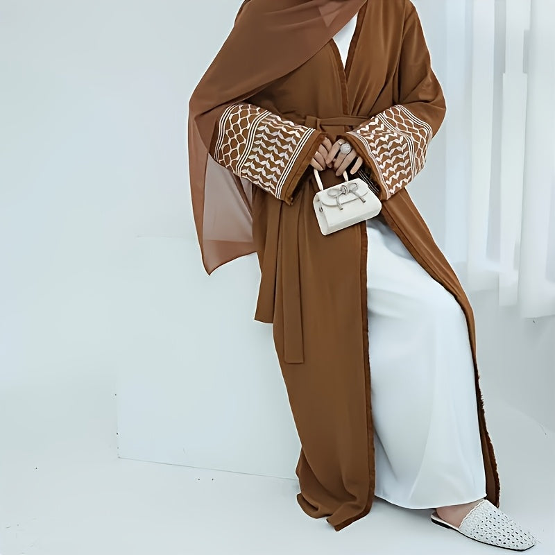 1pc Elegant Vintage Embroidered Arabic Abaya with Belt & Pockets - Black & White Geometric Pattern, Intricate Embroidery, Polyester All-Season Wear for Women, Ramadan