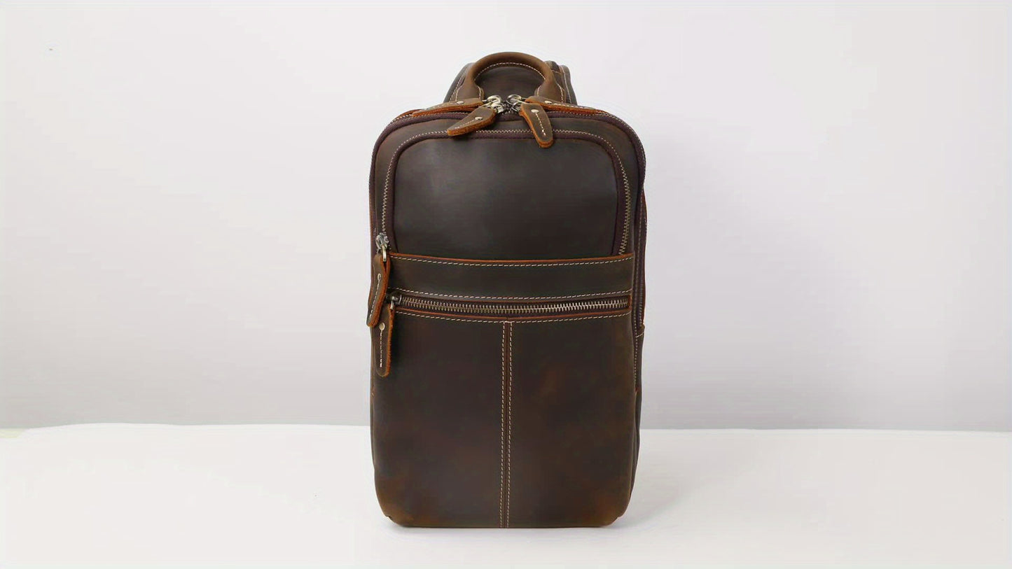 Vintage Full Grain Leather Sling Bag for Men, Crossbody Shoulder Chest Travel Hiking Daypacks Bag for 11 inch iPad, Brown