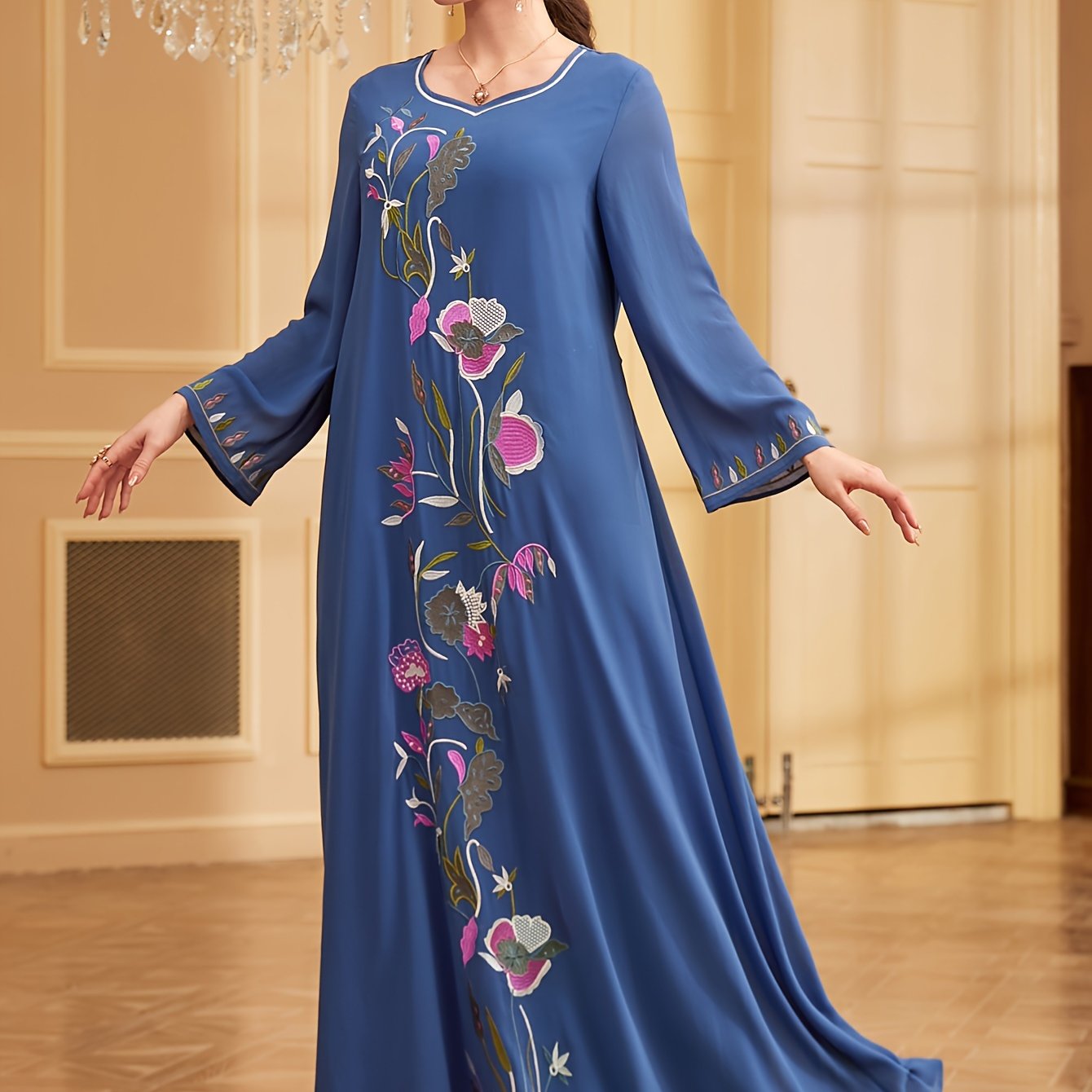 Elegant Embroidered Long Sleeve Maxi Baju Abaya - Polyester, Machine Washable, Non-Stretch Fabric for Women