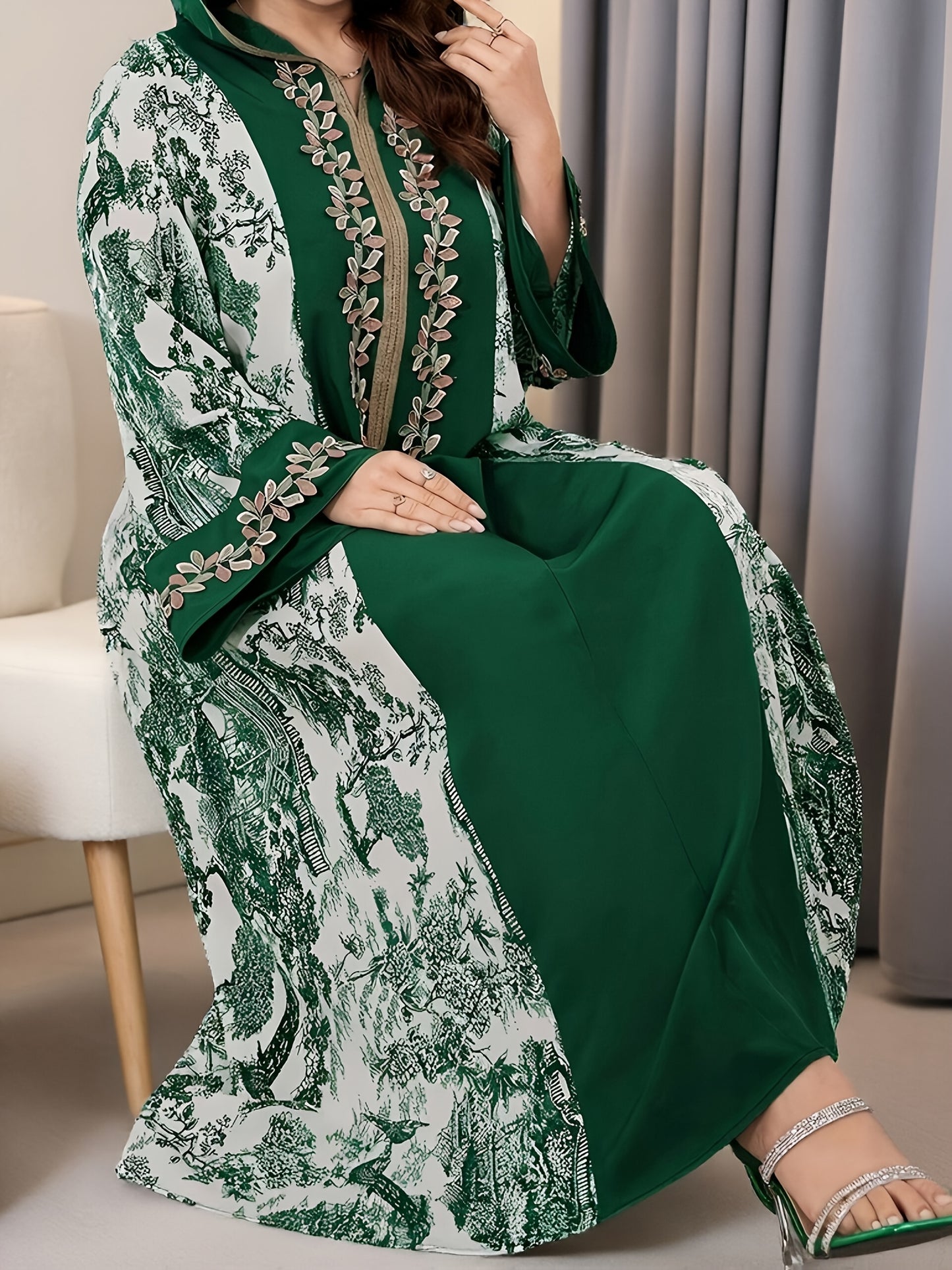 Plus Size, 2025 new landscape print decoration three-dimensional lace Middle Eastern hooded long loose large size Palestinian Abaya