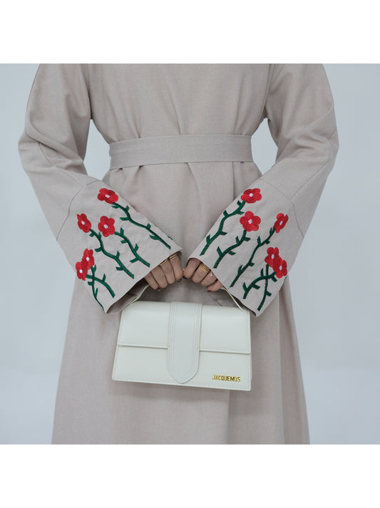 Women's Arabic/Turkish Abaya Dress - Long robe with Red Floral embroidery, Beige wedding & Everyday Islamic gown, Machine Washable Middle Eastern Turkish Abaya for Women, Modest Apparel