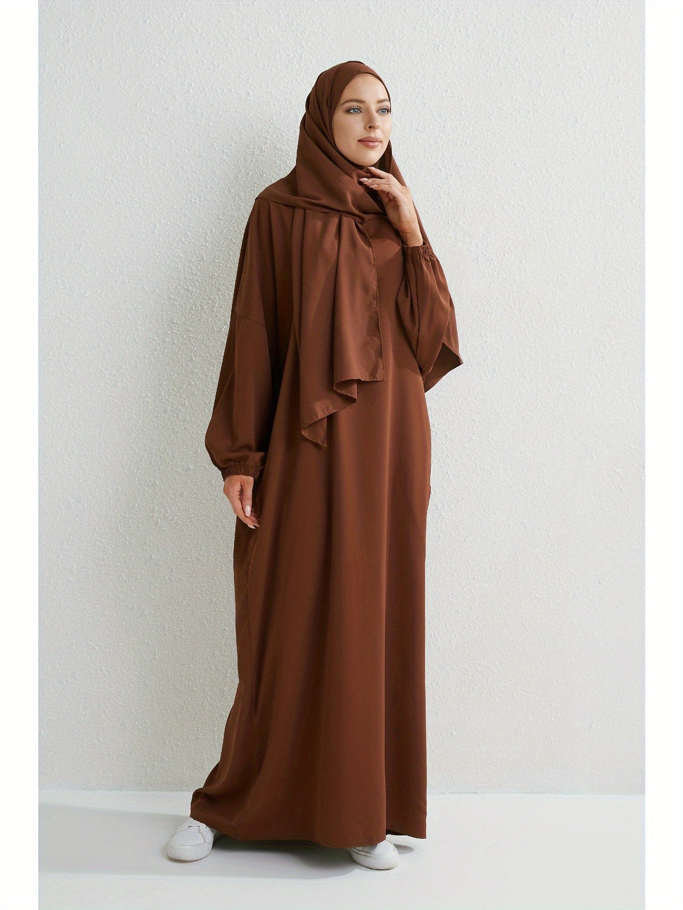 Elegant Islamic Hijab Dress for Women - Kaftan Style with Headscarf, Modest Middle Eastern Long Skirt Jibab Abaya, Loose Fit H-Silhouette, Long Sleeve Asymmetrical Hem, Solid Color Beige, Machine Washable for Ramadan Prayer & All Occasio
