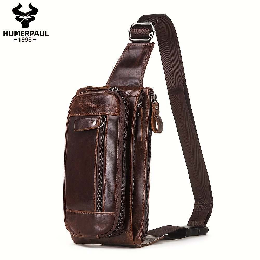Genuine Leather Fanny Pack for Men & Women - Adjustable Crossbody Sling Bag with Multiple Zippered Compartments, Compact Chest Pack for Outdoor Travel