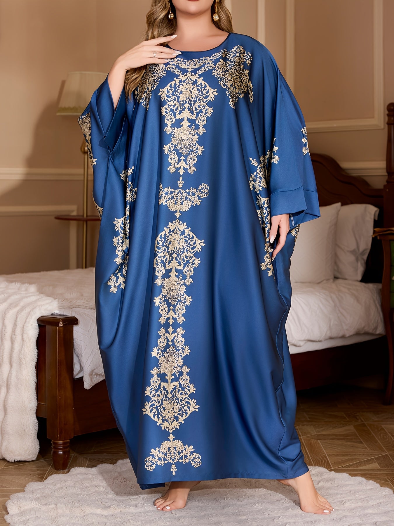 Elegant Plus Size Women's Blue & Golden Floral Print Robe - Soft Polyester, Long Sleeve, Crew Neck, Non-Stretch Fabric, Perfect for Spring/Summer/Fall, Comfortable Sleepwear|Elegant Robe Design