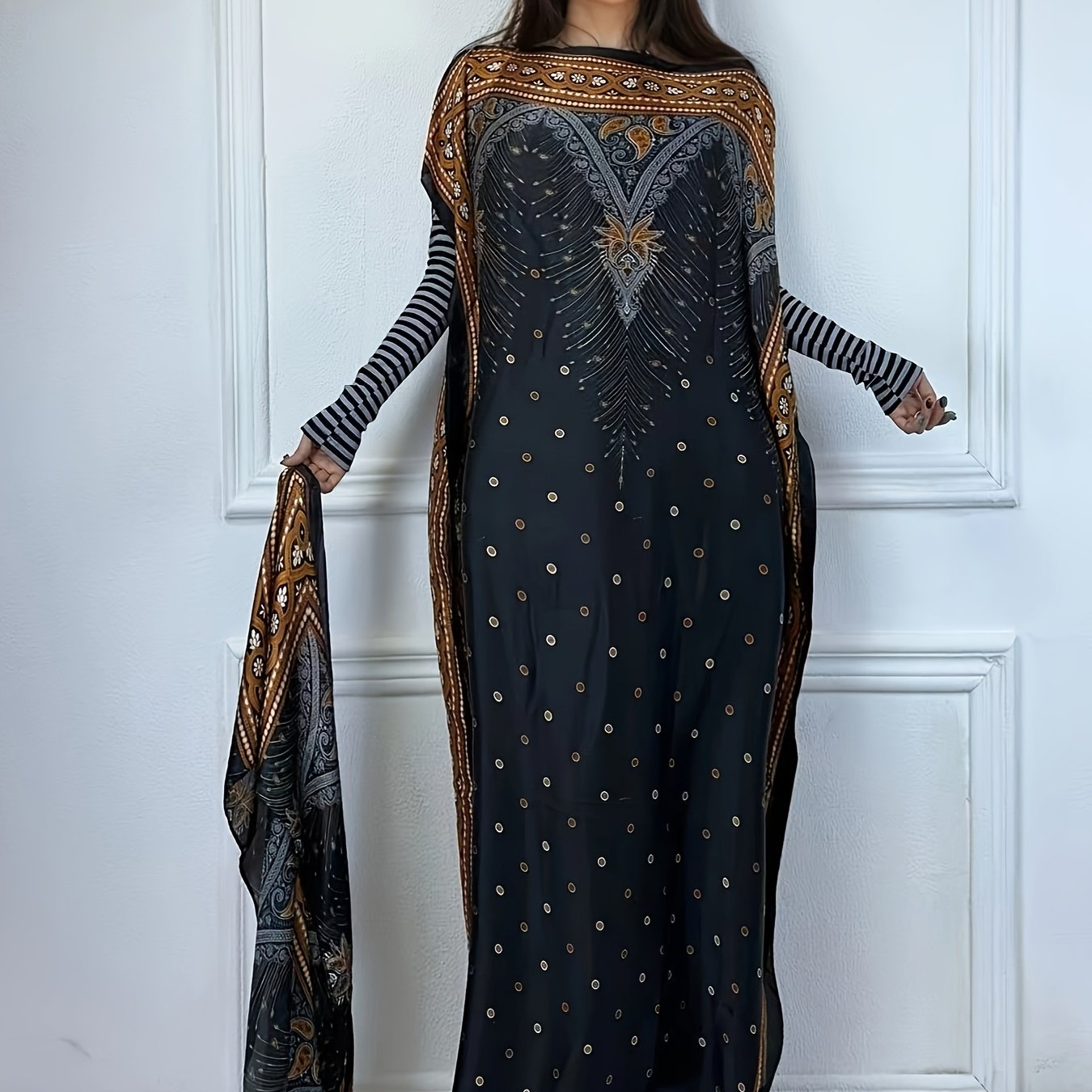 Print Abaya | Women's Clothing | Elegant Short Batwing Sleeve Kaftan | Loose Dress With Scarf | For Spring & Summer