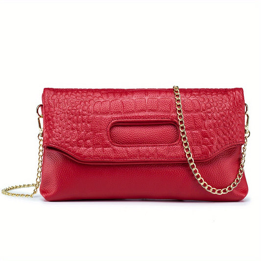 2025 New Crocodile Pattern Genuine Leather Envelope Bag for Women - Foldable Crossbody Clutch with Golden Chain Strap, Multifunctional Handheld Wallet