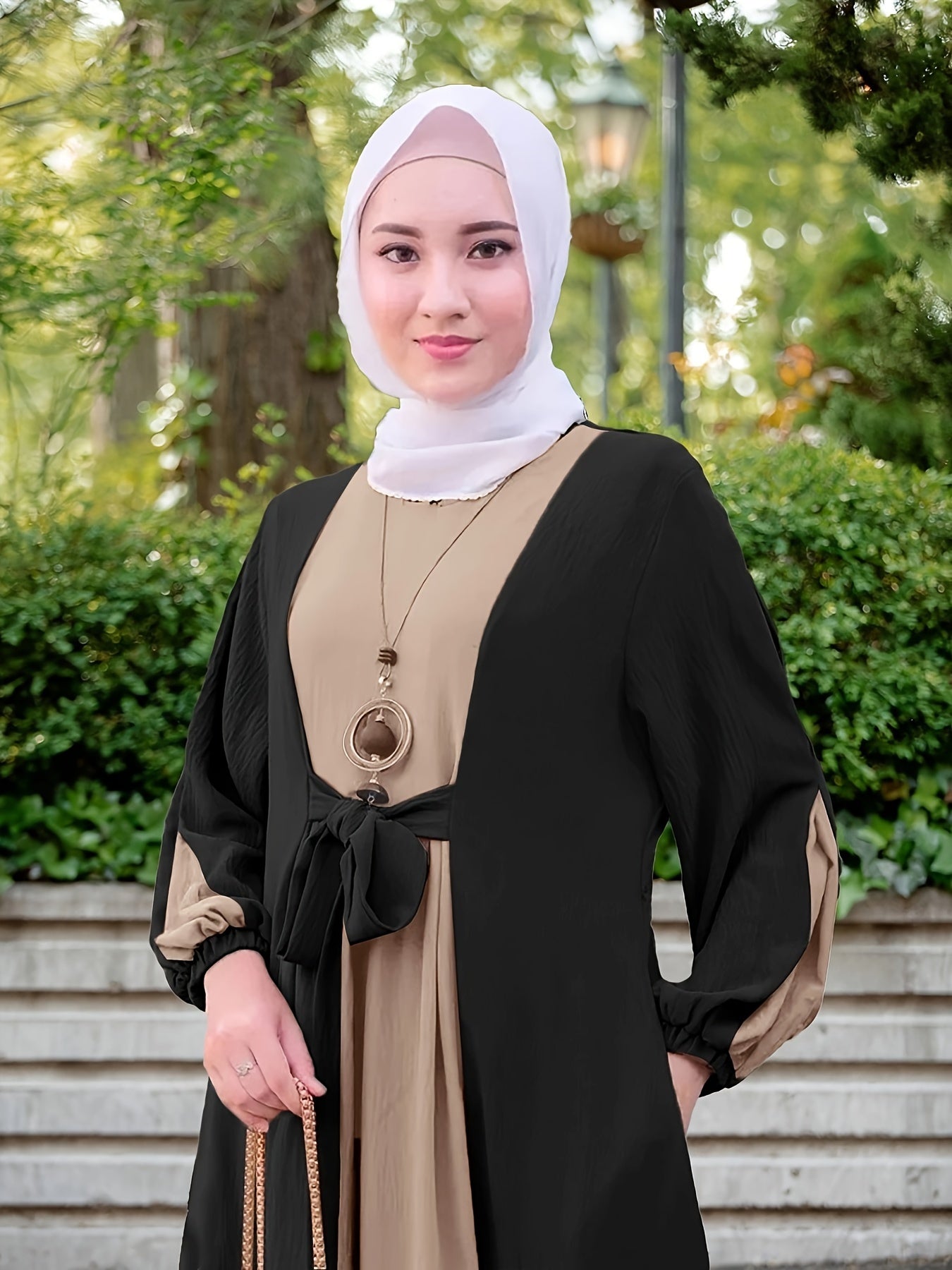 Modest Middle Eastern Baju Abaya Dress - Long Sleeve Round Neck Two-Tone Black & Beige with Adjustable Waist Tie, Non-Stretch Fabric for Ramadan, Daily Wear & Travel, Muslim Dress