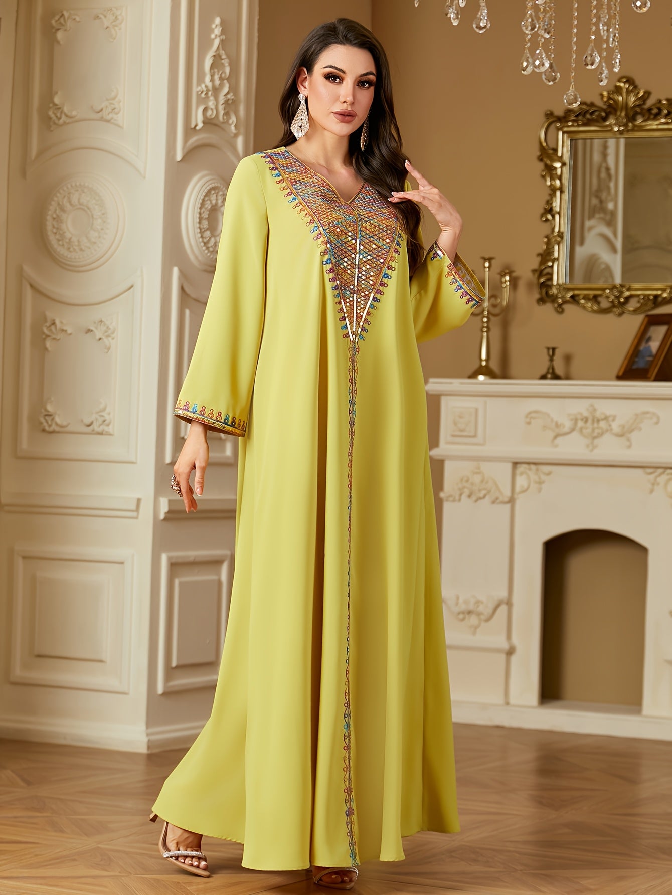 Elegant V-Neck Long Sleeve Kaftan Abaya with Sequin Detail - Polyester, Non-Stretch, Regular Fit for All Seasons