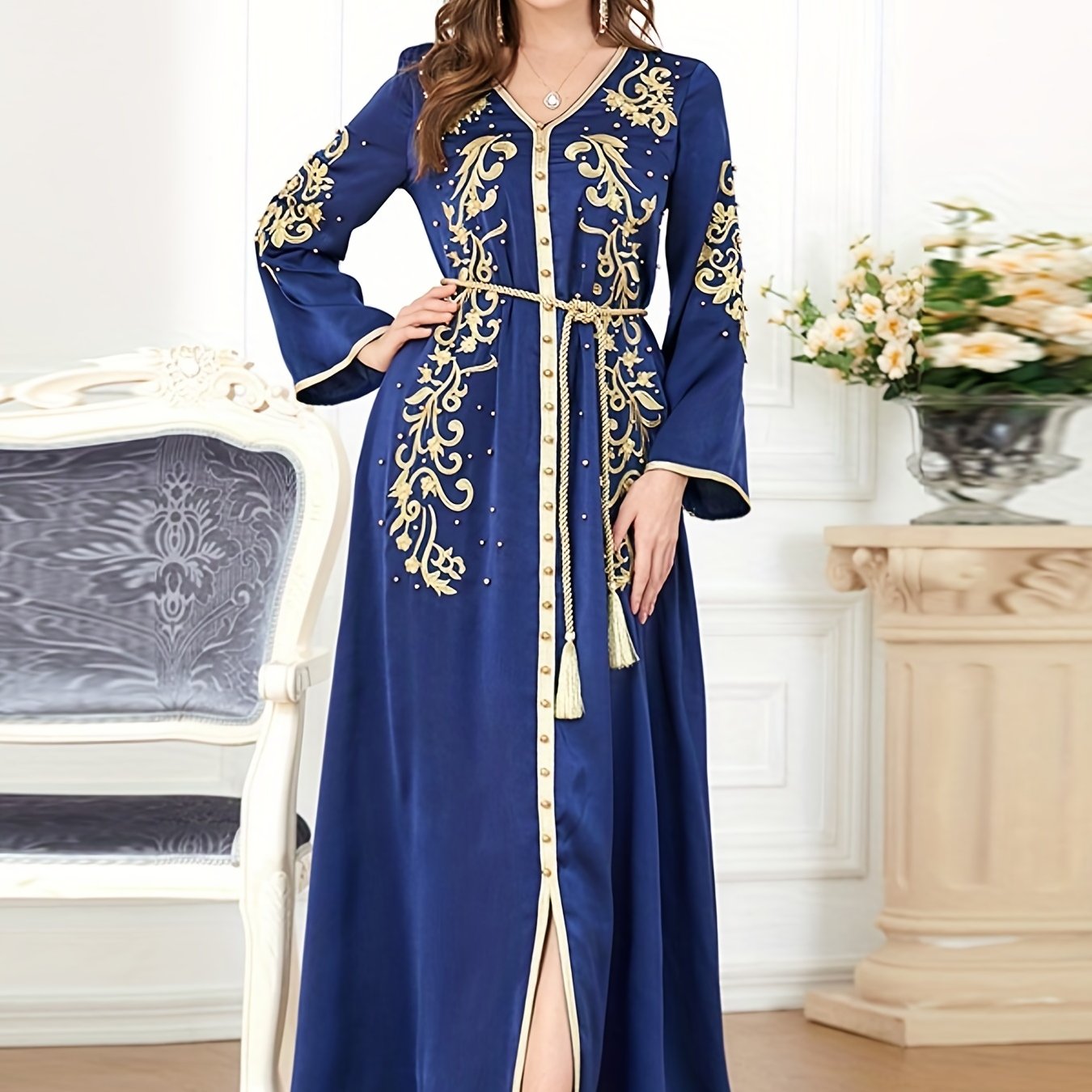 Plants Print V-neck Slit Kaftan Abaya, Long Sleeve Dress, Women's Clothing