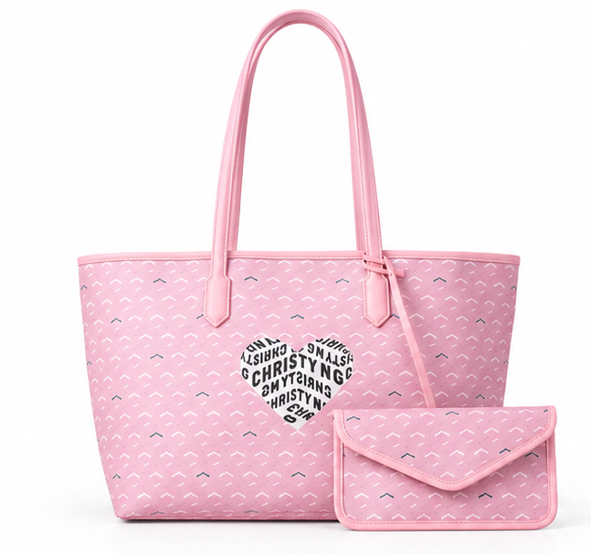 Pink Heart Pattern Tote With Pouch
