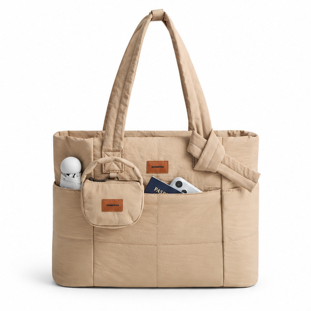Coffee Quilted Multi-Pocket Travel Tote Bag
