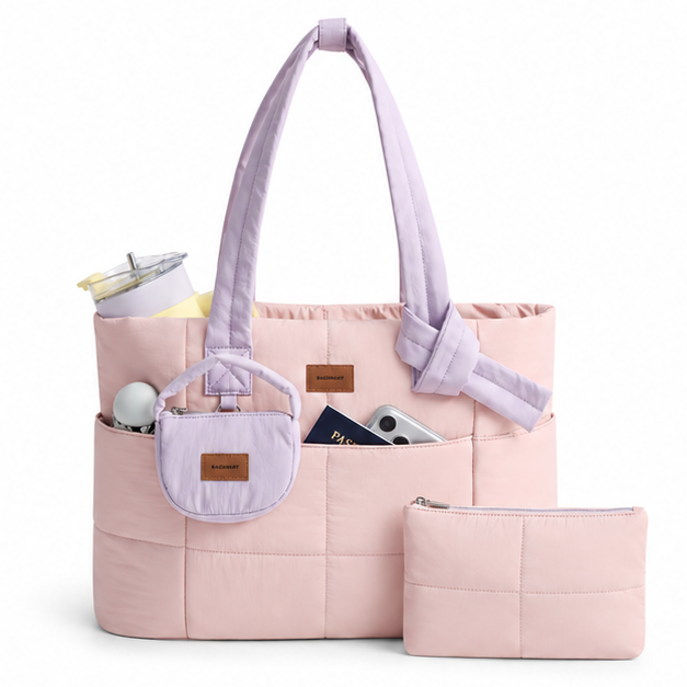 Pastel Quilted Multi-Pocket Travel Tote Bag