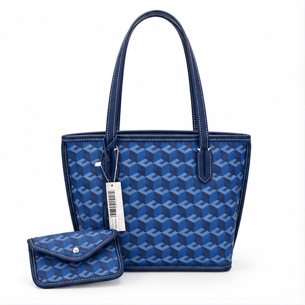 Blue Geometric Pattern Structured Tote Handbag