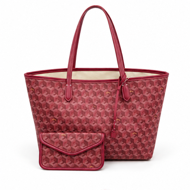 Burgundy Geometric Tote With Matching Pouch