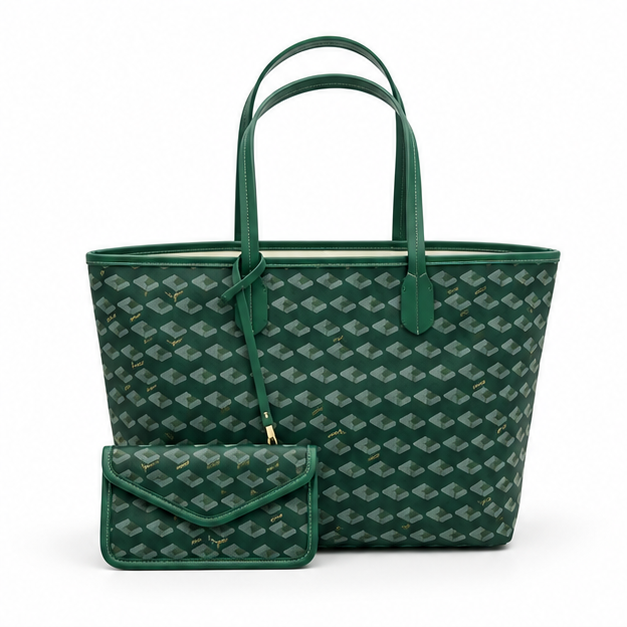 Green Geometric Tote Bag With Pouch
