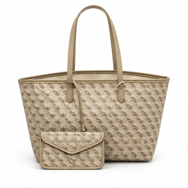 Khaki Geometric Pattern Tote Pouch Set