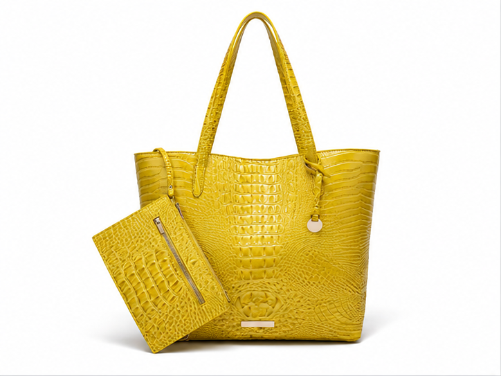 Yellow Crocodile Embossed Large Tote Handbag