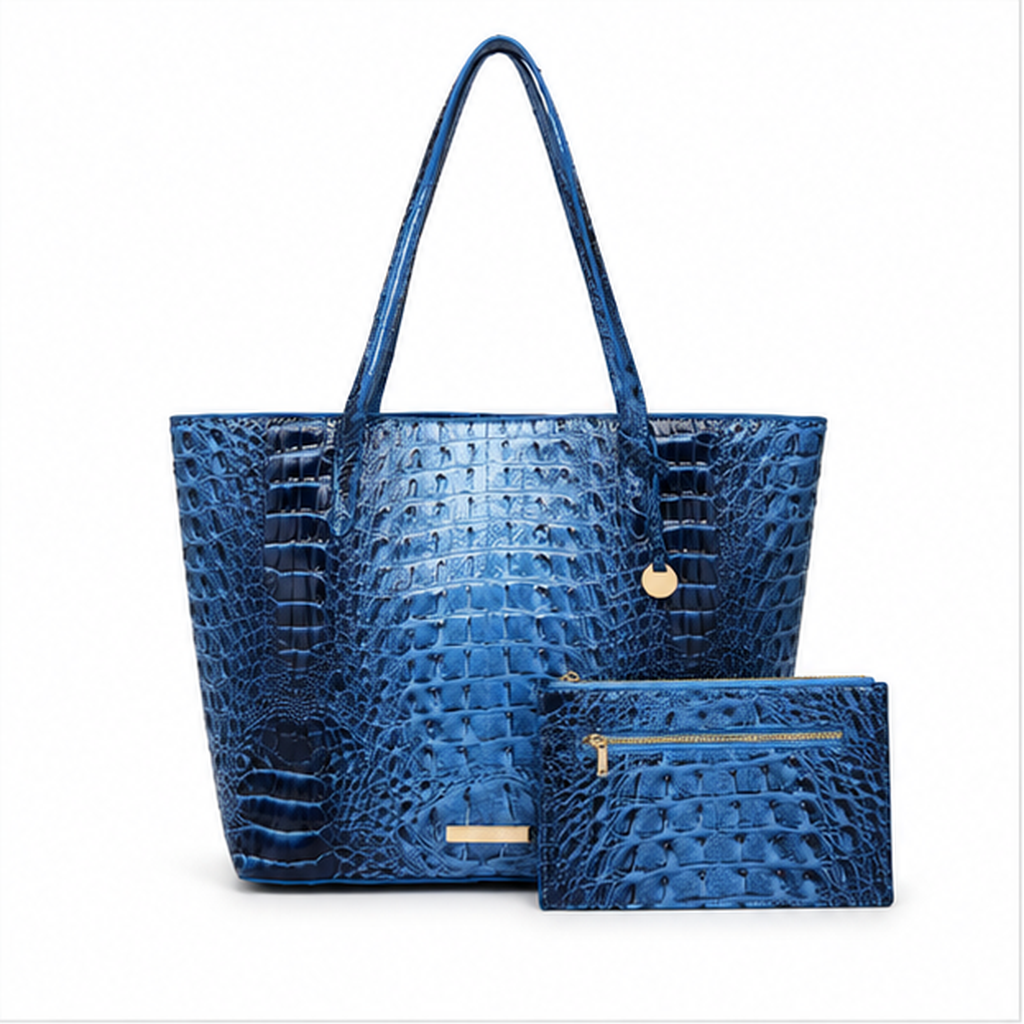 Glossy Crocodile Embossed Tote Pouch Set