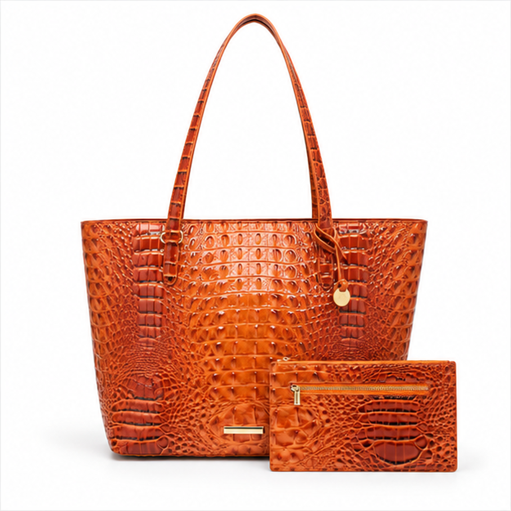 Crocodile Embossed Leather Tote With Pouch
