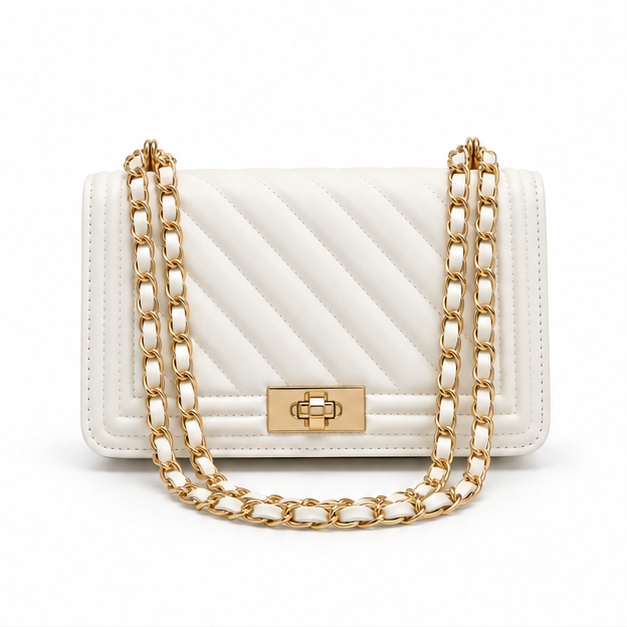 White Quilted Gold Chain Shoulder Bag
