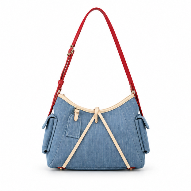 Blue Denim Contrast Strap Shoulder Bag
