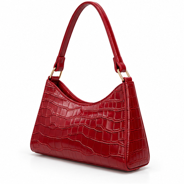Red Croc Embossed Shoulder Handbag Purse