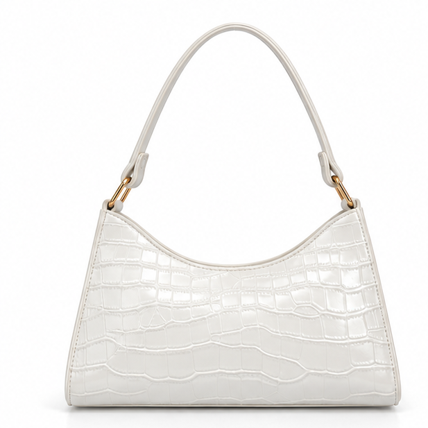White Croc Embossed Shoulder Handbag Purse