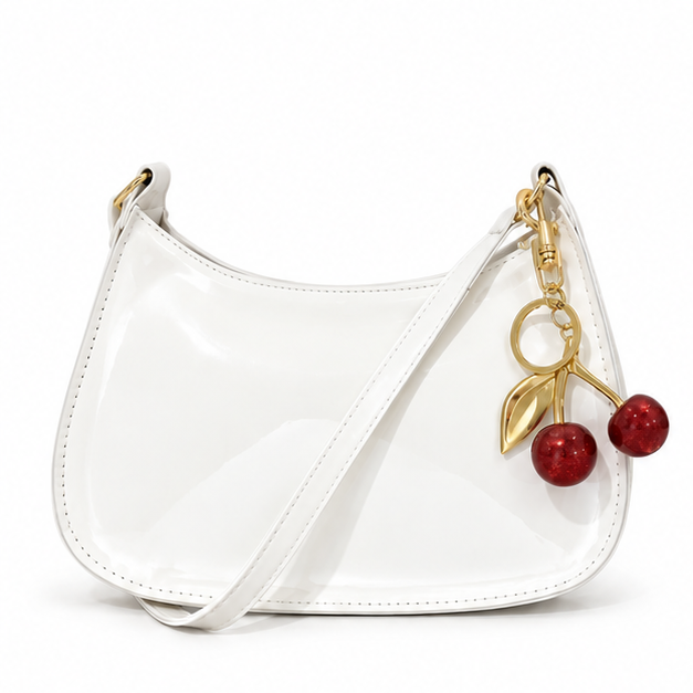 Glossy White Cherry Charm Shoulder Bag