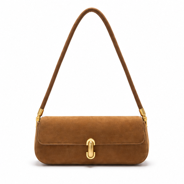 Camel Suede Gold Clasp Shoulder Bag