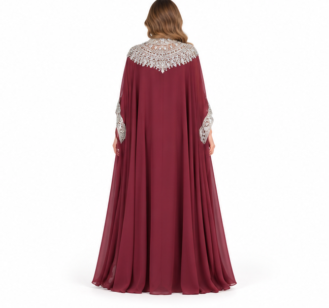 Elegant Burgundy Silver Sequin Embroidered Kaftan