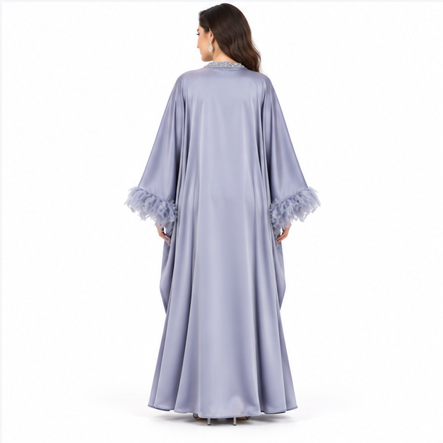 Lavender Grey Satin Feather Pakistani Kaftan