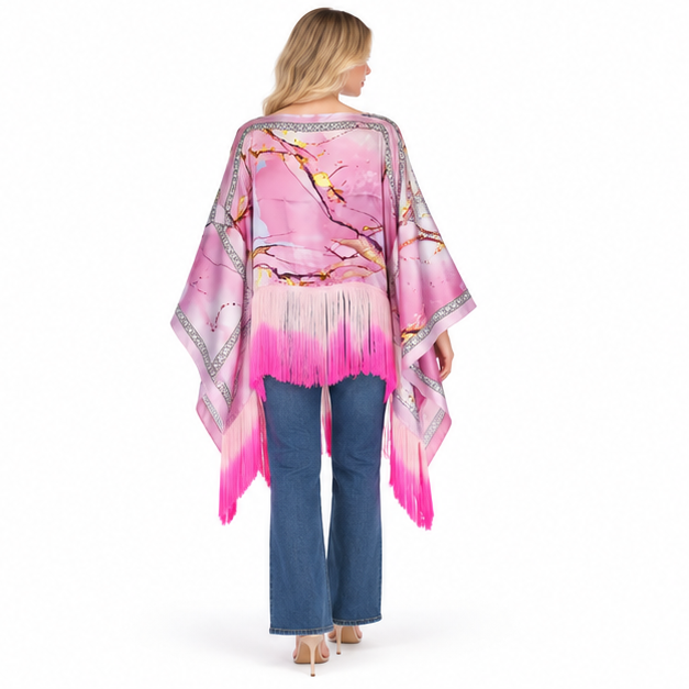Elegant Pink Floral Fringe Kaftan Tops