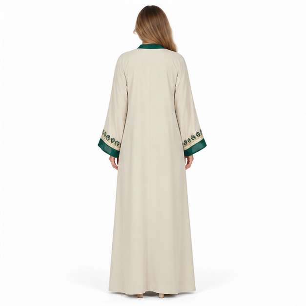 Elegant Beige Apricot Embroidered Sequin Kaftan