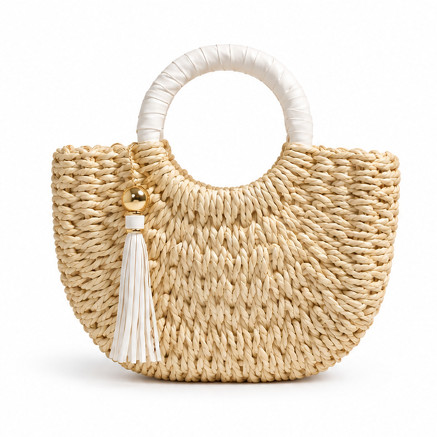 Natural Woven Raffia Round Handle Handbag