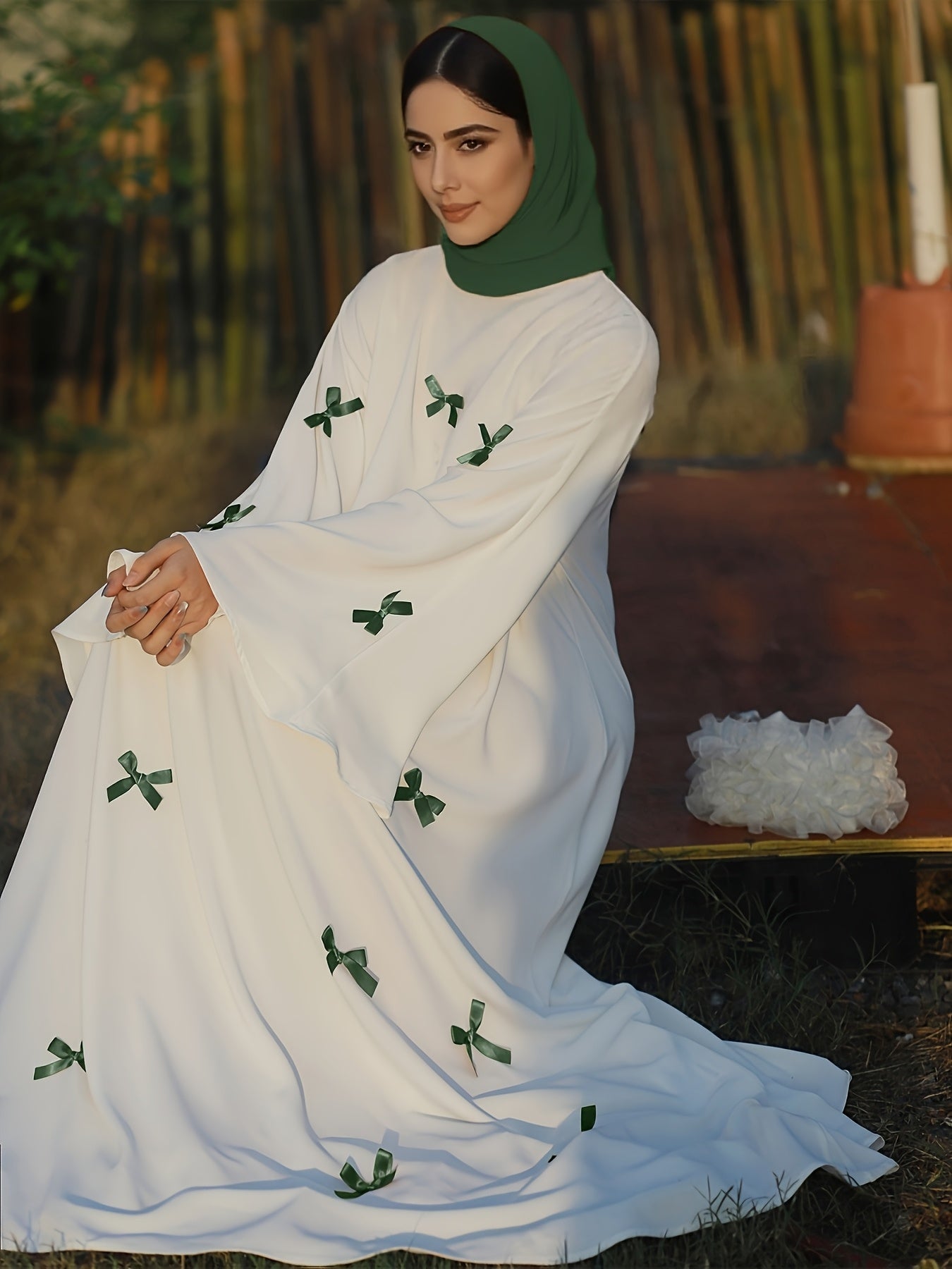Butterfly Bow Abayas Elegant Long Robe Set, Including Dress and Headscarf